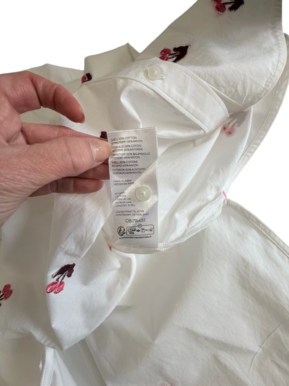 Maeve White Shirt with Pink Cherries and Burgundy Leaves from Anthropologie - Picture 5 of 7